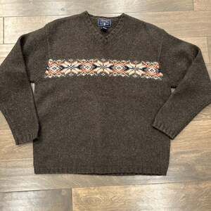Vintage 90s Sz LARGE American Eagle 100% Shetland Wool Fair Isle V Neck Sweater